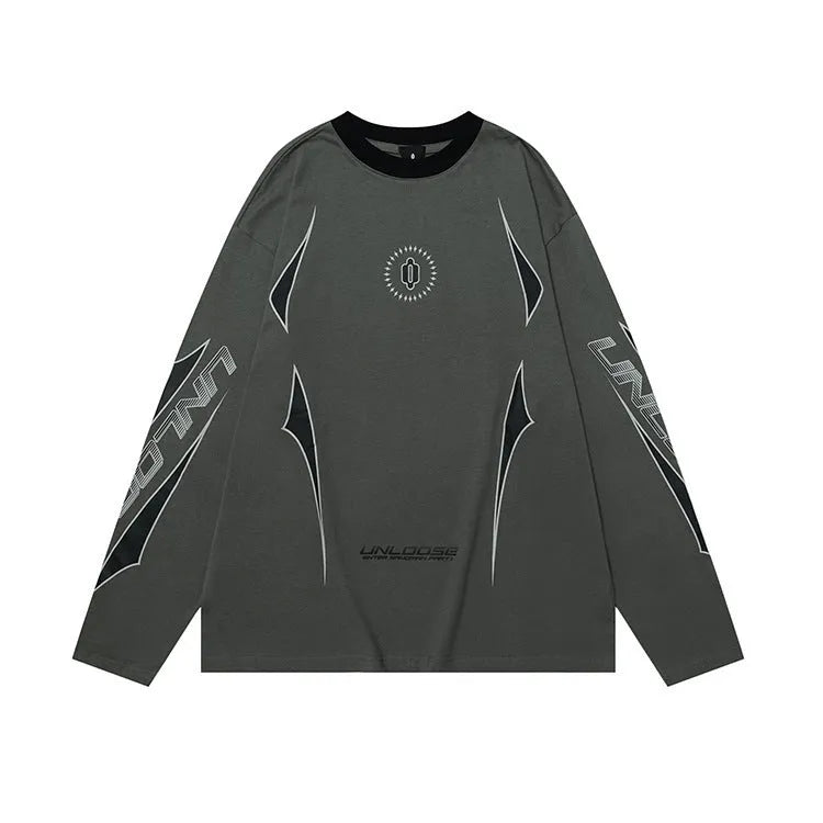 Round neck drop shoulder long sleeve pullover in grey khaki with letter pattern, loose fit