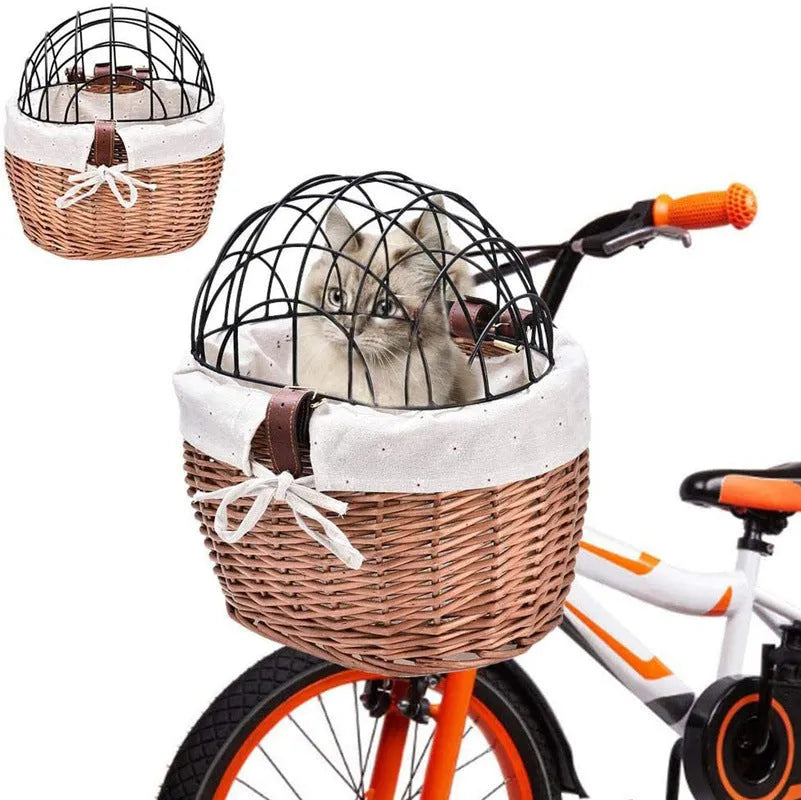 Honey colour wicker bicycle front handle basket, medium size, used as a pet seat for a cat or dog on a road bike
