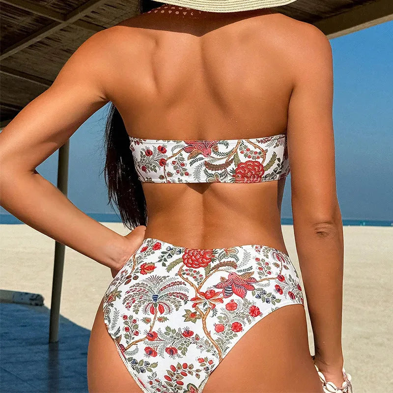 Women's printed bandeau swimsuit set with triangle top and adjustable tie sides for swimming