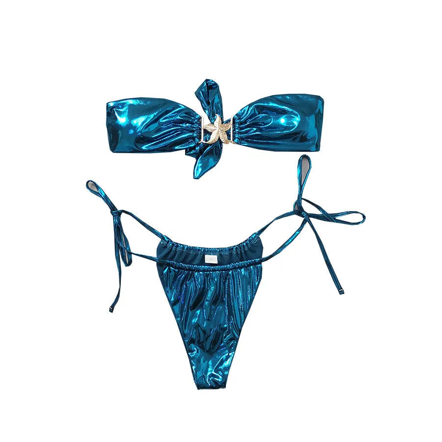 Women's glossy polyester bikini with gold starfish accents in sapphire blue or pink colours