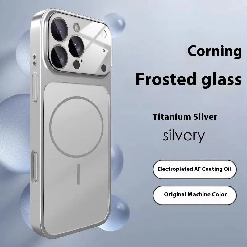 Orange frosted tempered glass phone case with magnetic feature for iPhone protection.
