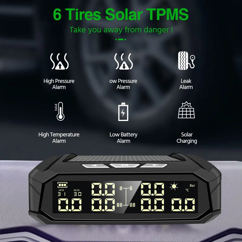 Solar external tyre pressure monitor with colour display for six-wheel vehicles, showing dimensions and sensors
