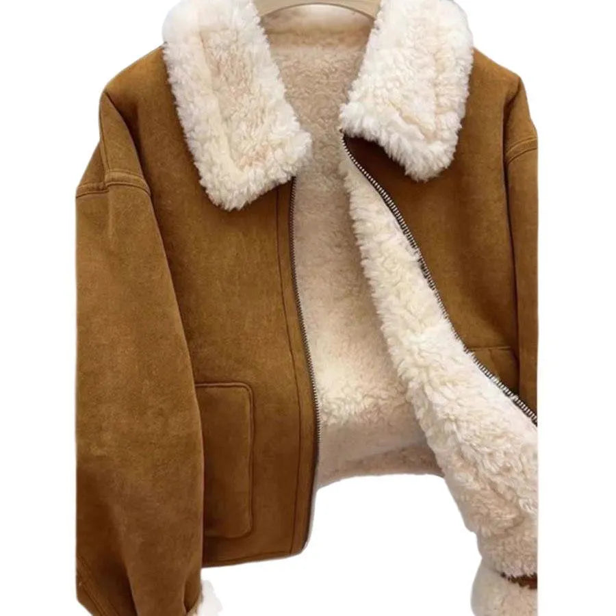 Women's thickened faux fur winter jacket with faux fur collar and pockets, shown in brown, coffee, orange, and burgundy, sizes S to 3XL.