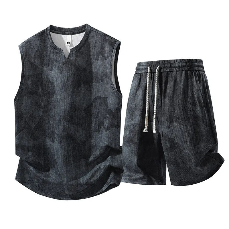 Sleeveless vest and shorts two-piece casual suit in hemp quick-drying fabric for larger sizes