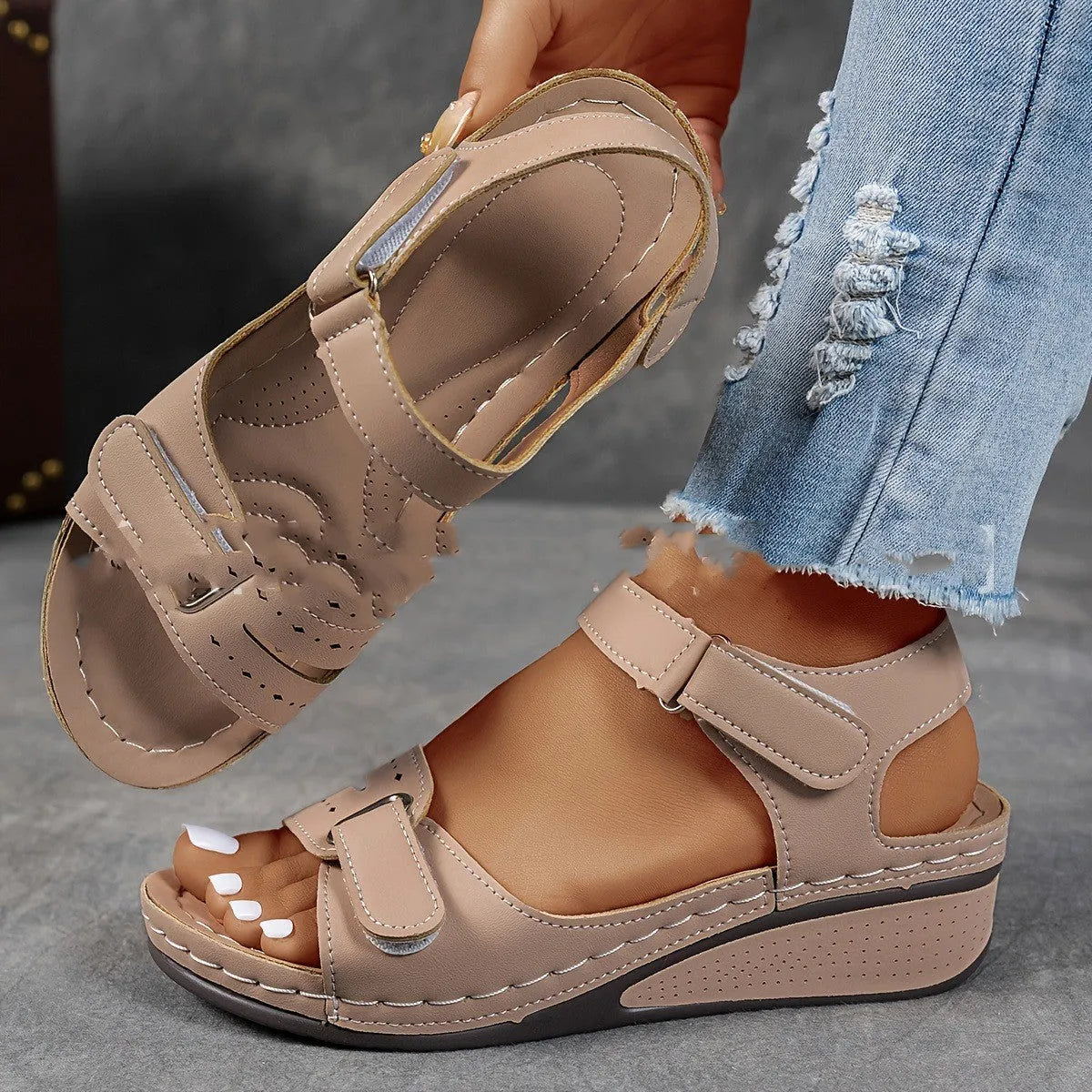 Women's plus size strap sandals with thick composite soles and adjustable Velcro fastening