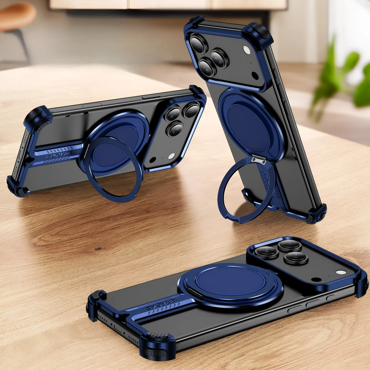 Titanium alloy bracket phone case for iPhone 17 series, frameless anti-fall design, TPU PC, in black.