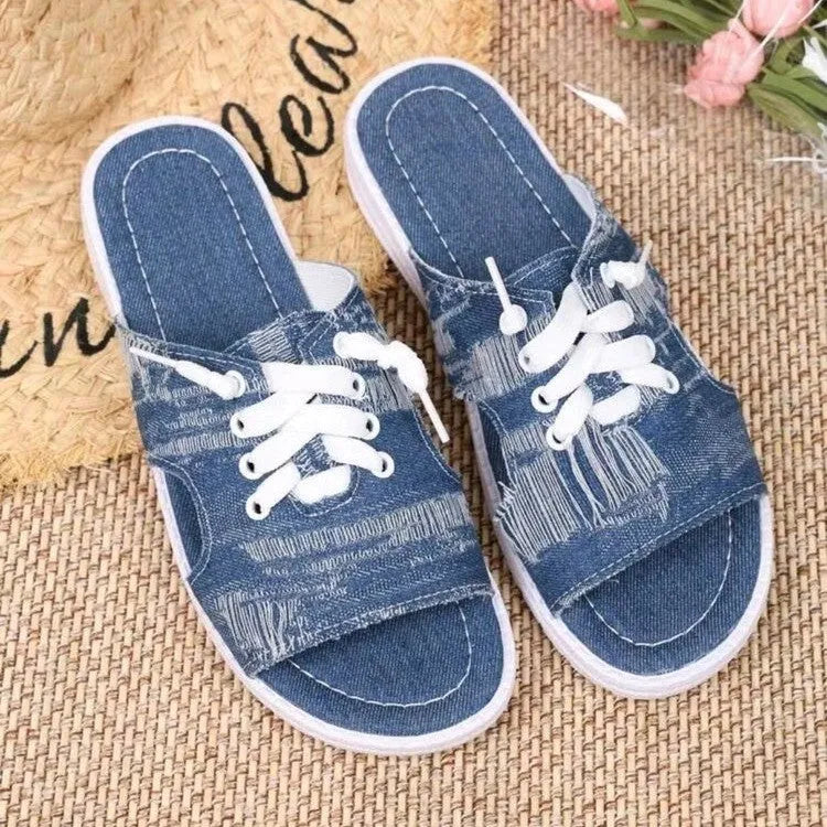 Blue Roman style canvas slippers with rubber soles for women, sizes 36-43