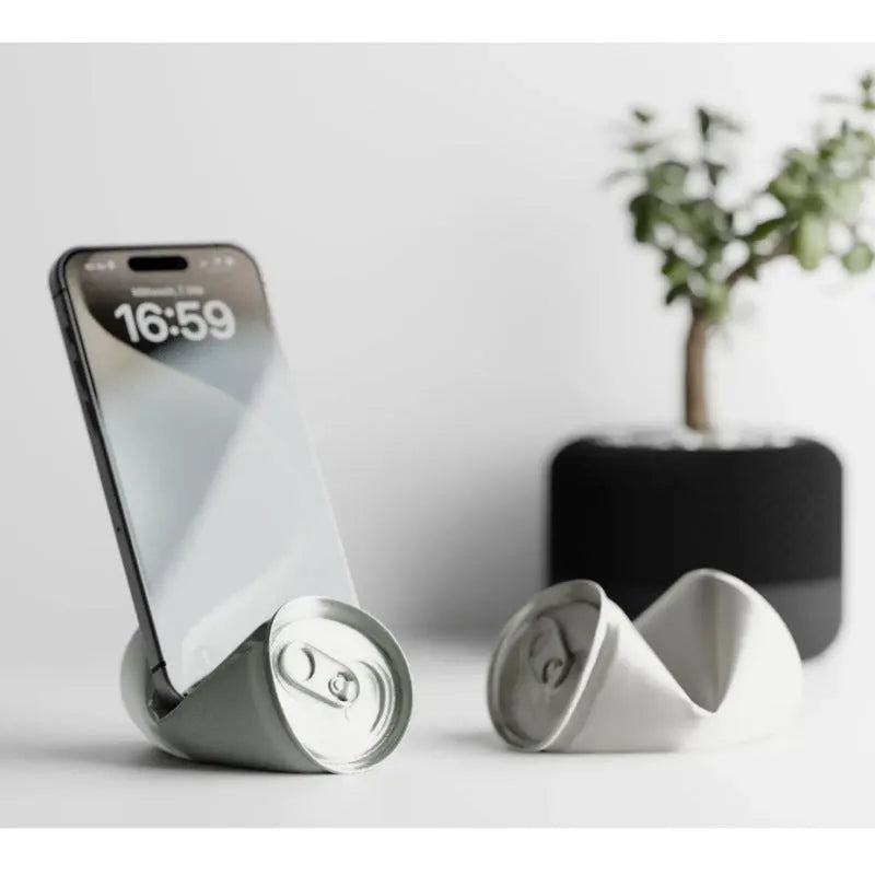Silver soda can-shaped 3D-printed PLA mobile phone holder desk ornament for party gifting