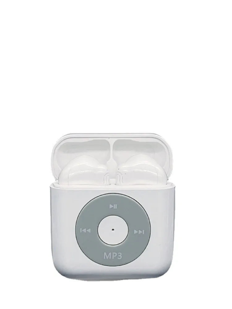 White wireless Bluetooth earphones with charging case showing semi in-ear design and compact size