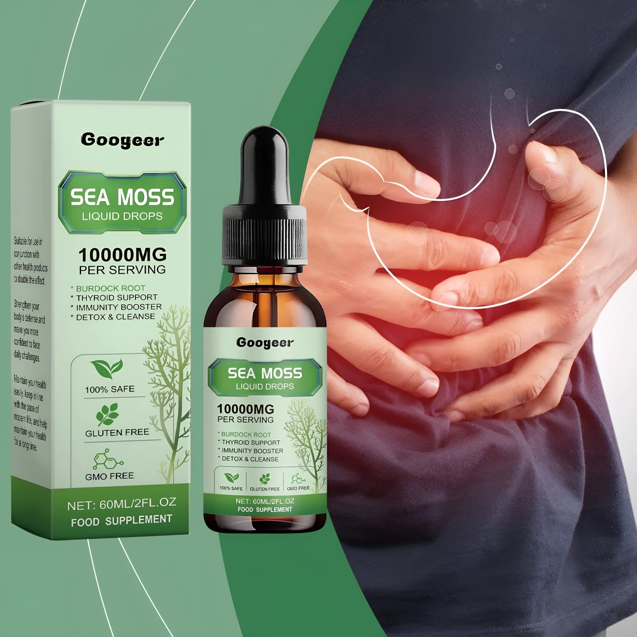 Googeer sea moss liquid drops body treatment in a 60ml bottle.