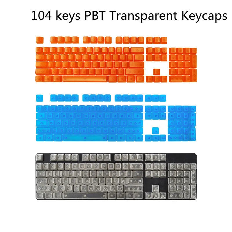 Set of 104 transparent PBT keycaps for mechanical keyboards in orange, white, blue, and black colours.