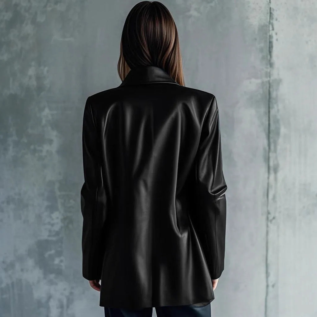 Women's black polyester leather jacket with long sleeves and medium 65cm length