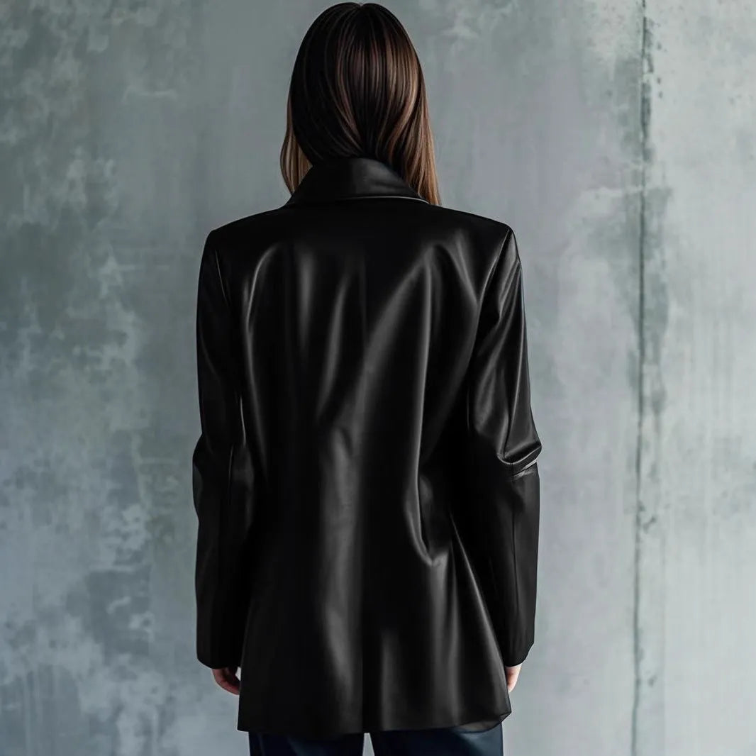 Women's black polyester leather jacket with long sleeves and medium 65cm length