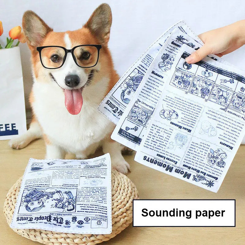 Tear-resistant dog toy with crinkly material in newspaper and playing card designs for small breeds.