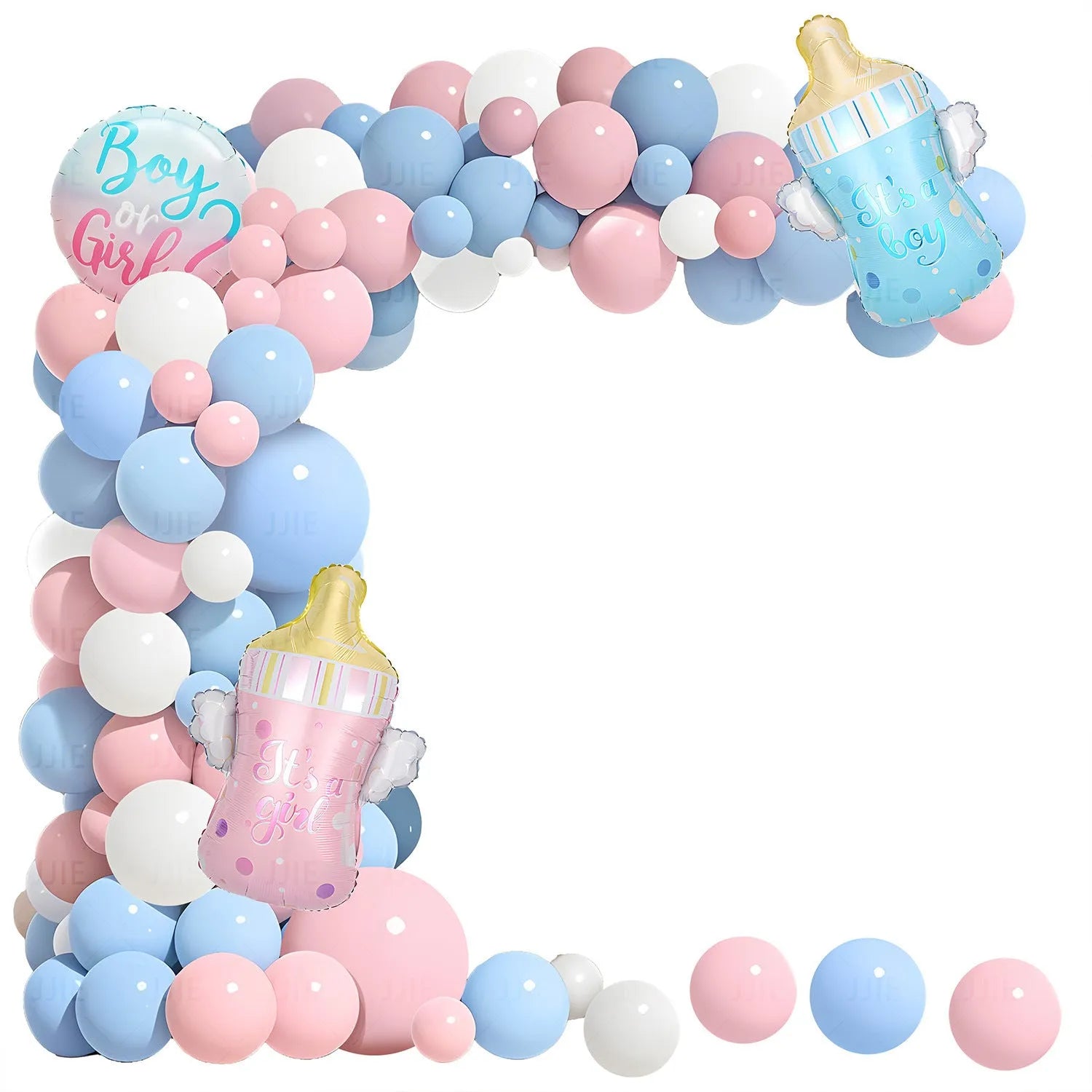 Gender reveal balloon decoration kit with pink and blue aluminium foil balloons, ribbon, and bottles.