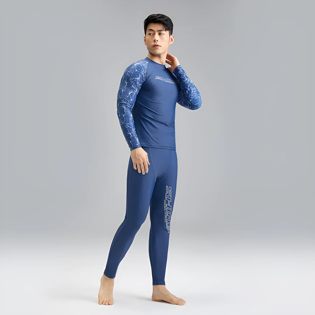 Dark blue men's swimwear set with patterned nylon top and matching swim trunks