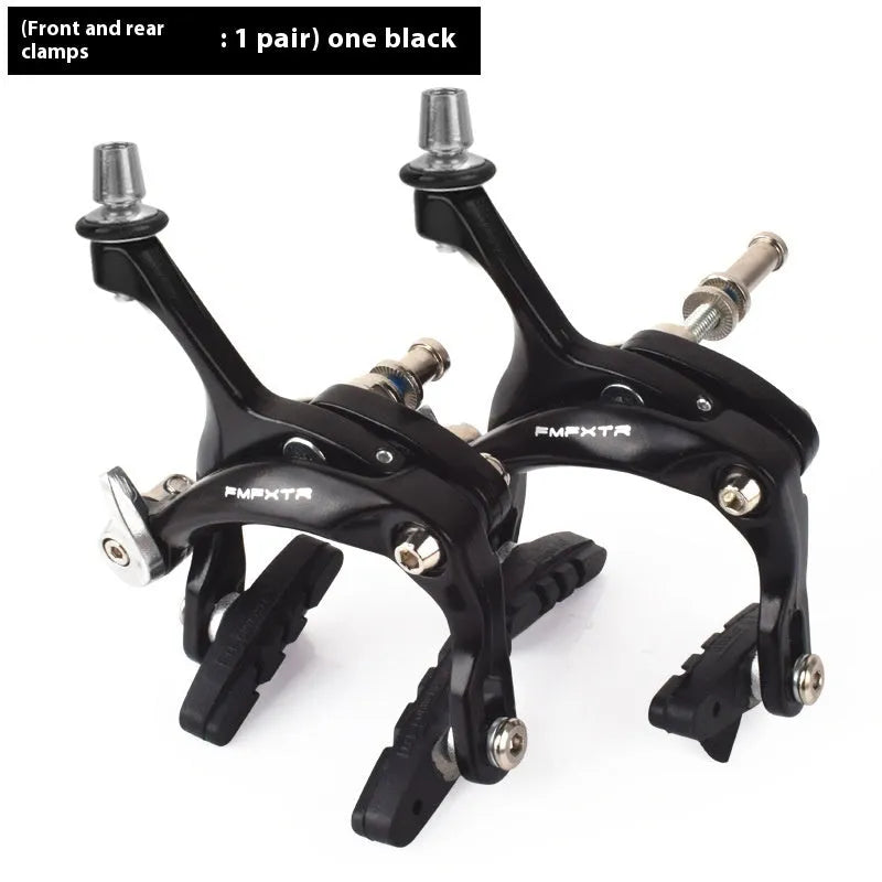 A pair of black and silver U-shaped metal bicycle brake clamps for road bike upgrades.