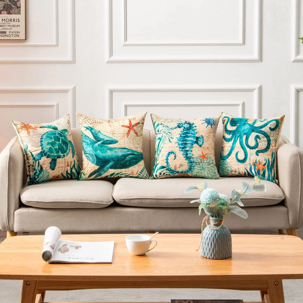 Linen cushion cover with printed sea turtle design, showing invisible zipper and 45x45cm size.