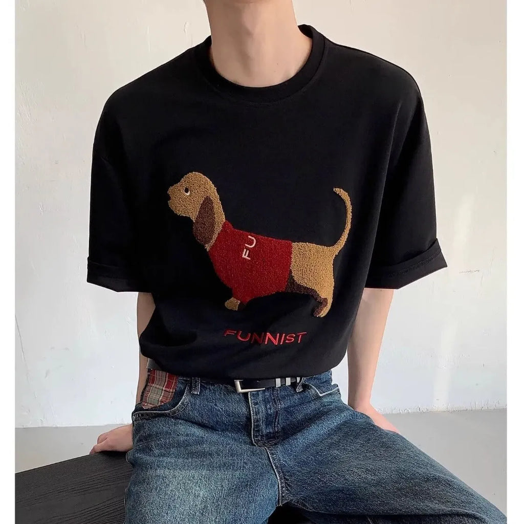 Sausage dog towel embroidery on a grey round neck short sleeve cotton T-shirt
