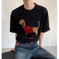 Sausage dog towel embroidery on a grey round neck short sleeve cotton T-shirt