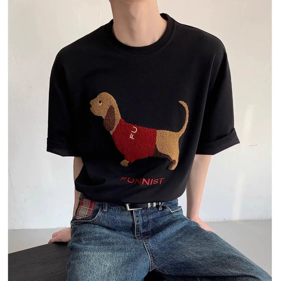 Sausage dog towel embroidery on a grey round neck short sleeve cotton T-shirt