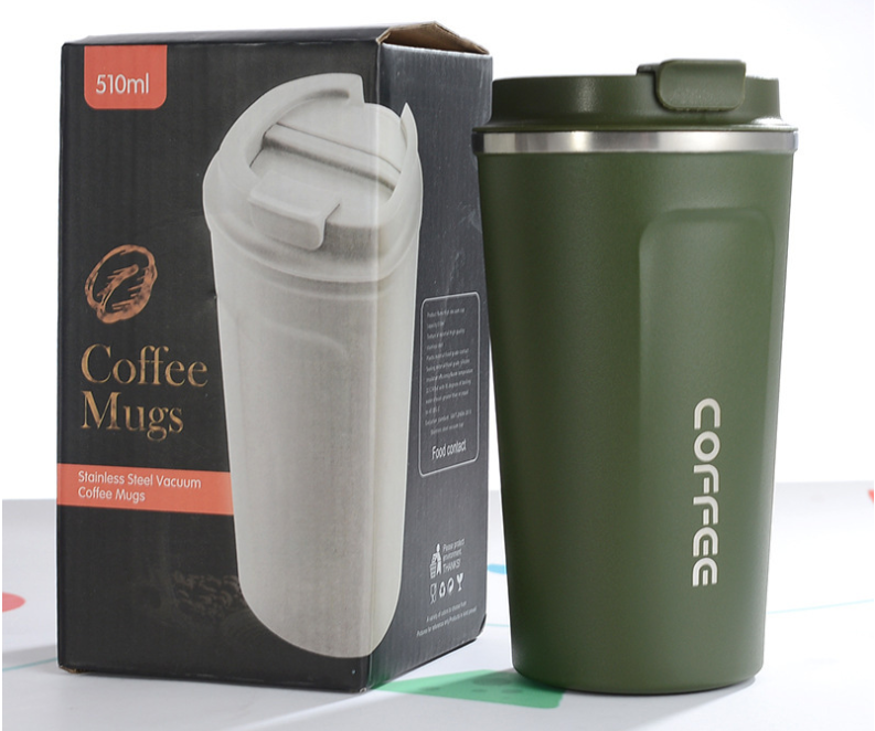 Stainless steel thermal vacuum coffee mug with double-layer insulation maintains drink temperature for hours, available in 380ml and 510ml capacities with five colour options