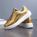 Women's PU Leather Flat Casual Shoes with Front Lace-Up Design: Lightweight Footwear for Year-Round Leisure and Sports Activities in White, Silver, or Gold