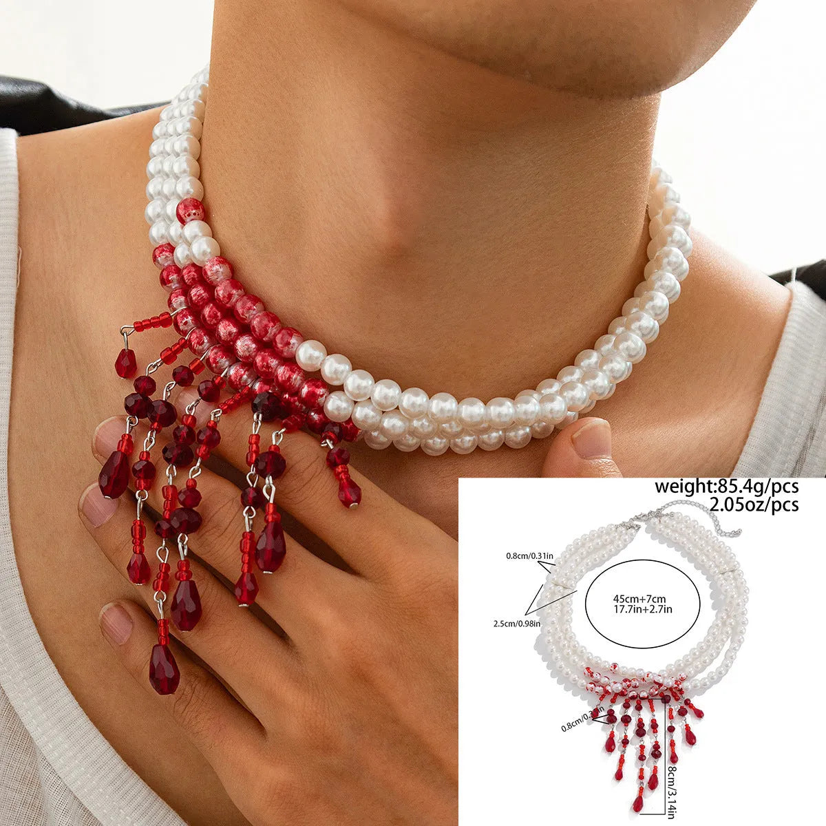 Halloween blood drop tassel necklace with artificial crystal pendant and imitation pearl accents on adjustable chain