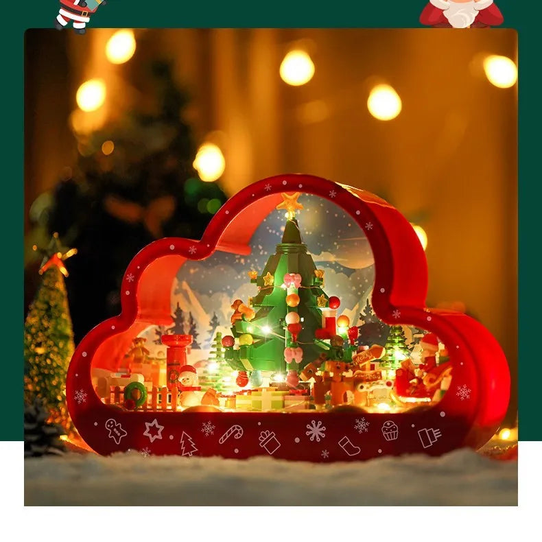 Assembled Christmas tree building block toy with LED cloud night light and decorative PVC mirror frame