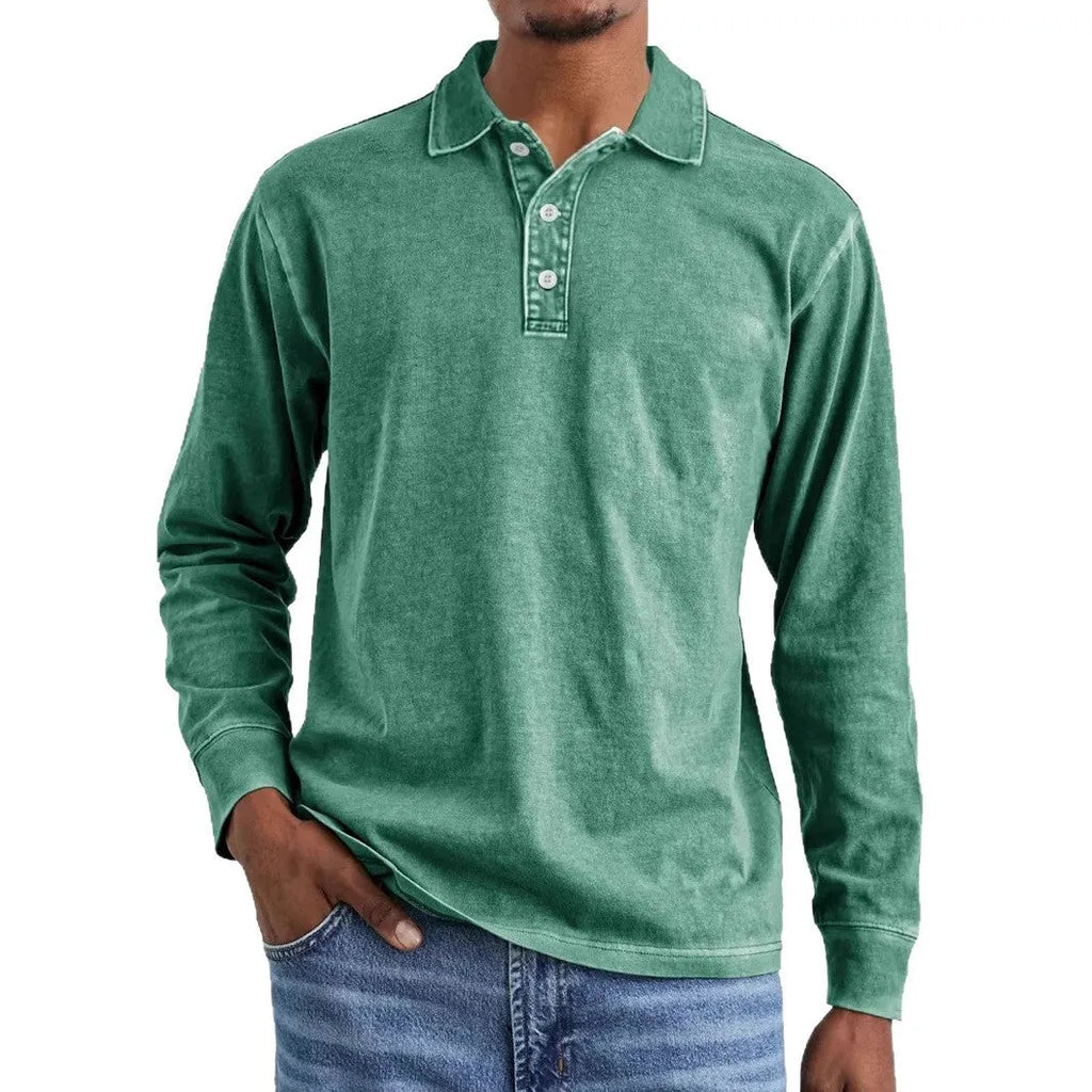 Retro washed distressed cotton lapel long sleeve polo shirt in Army Green colour showing lapel collar detail and long sleeves