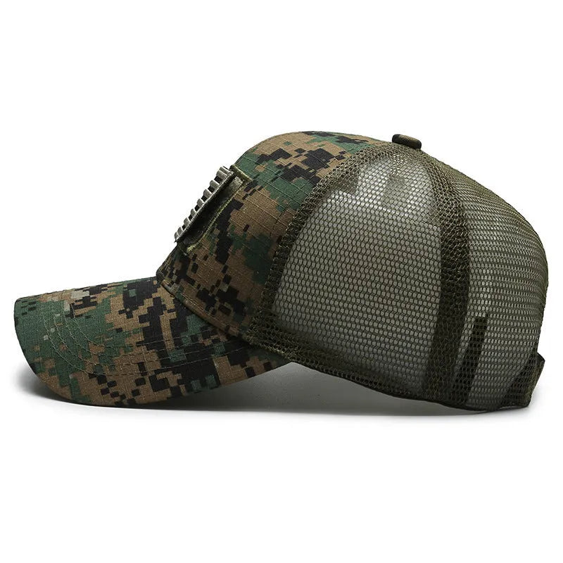 Adjustable tactical camouflage baseball cap with machine embroidery on cotton fabric in seven colour options