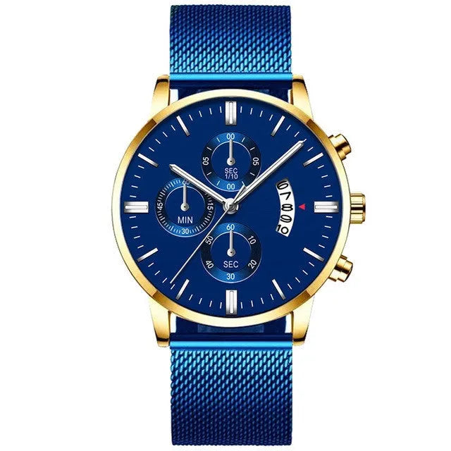 Men's stainless steel quartz watch with mesh band showing 4.2cm case and decorative dial in two-tone colour combination