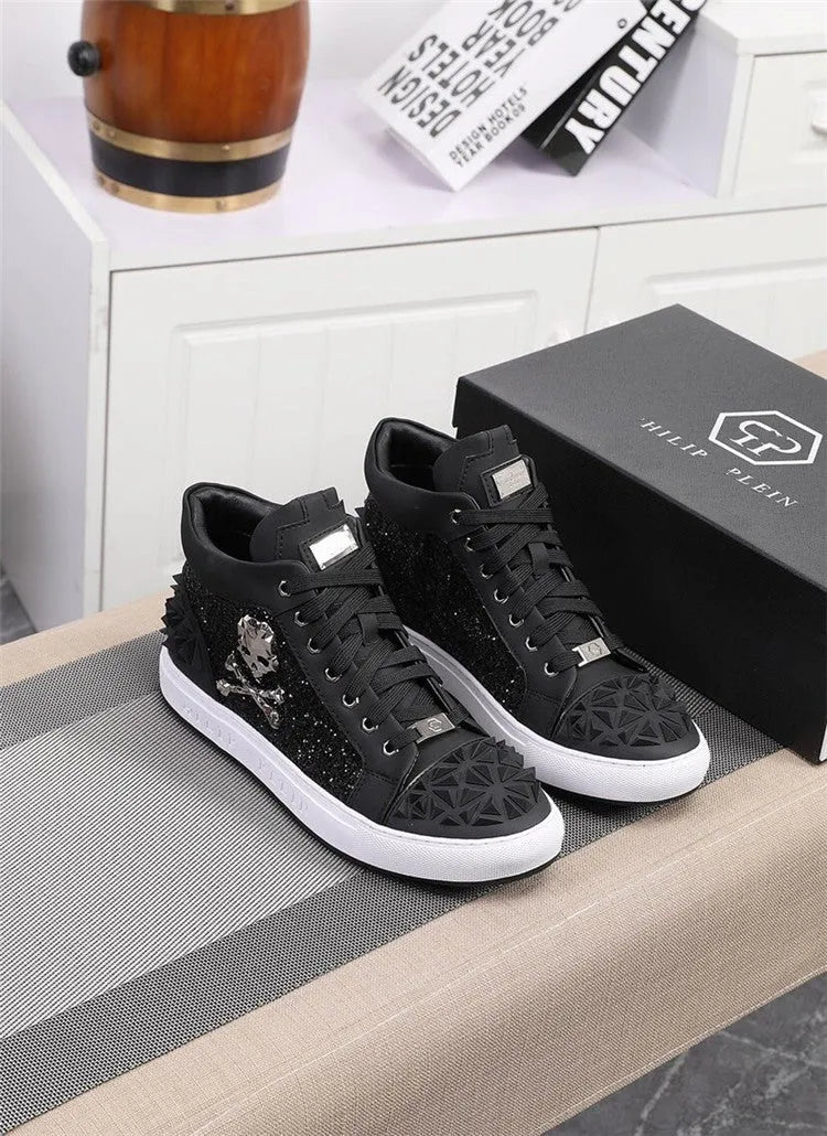 Men's black high-top skeleton shoes with genuine leather uppers and perforated design for breathability