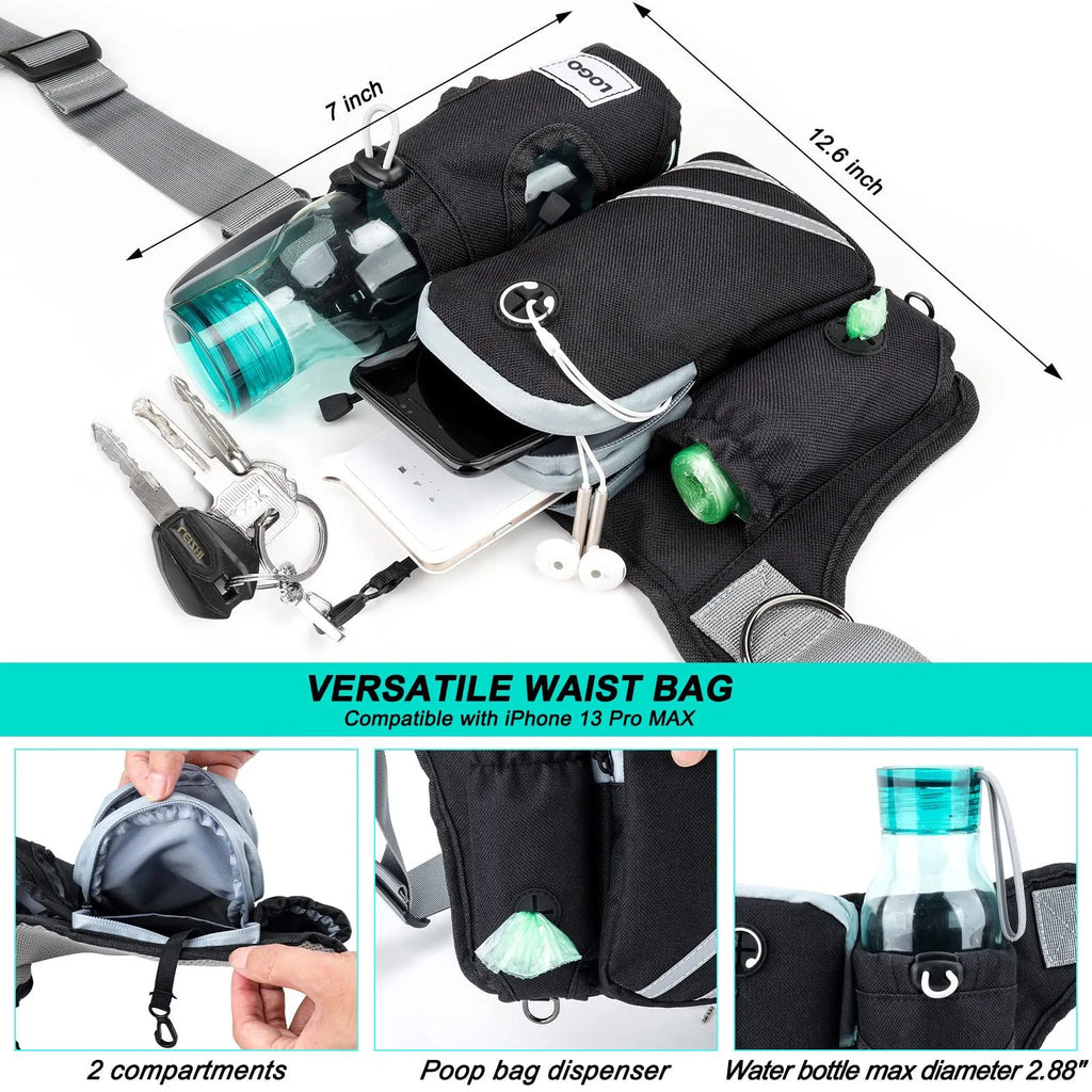 Black nylon outdoor dog walking set with adjustable waist bag and attached leash