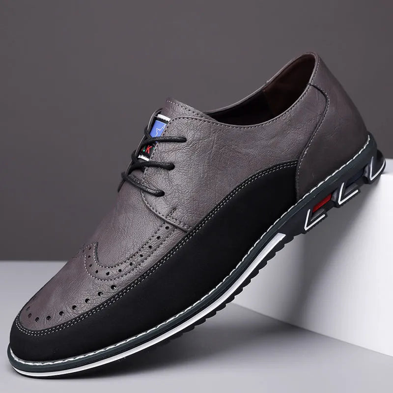 Men's leather shoes with rubber soles in black, grey, khaki and orange colours
