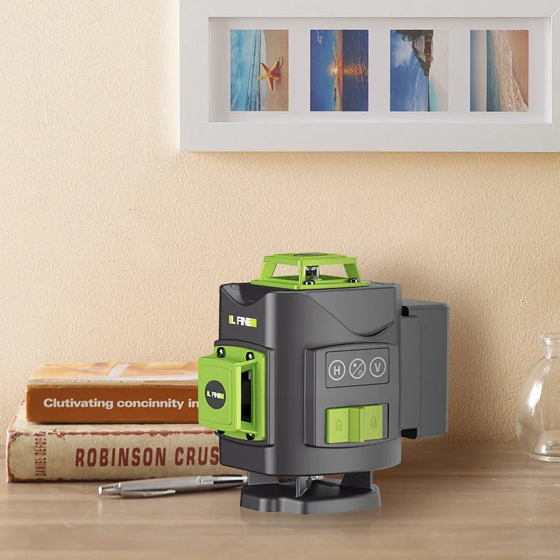 Green laser level projecting 16 lines on a wall, with 11cm x 13.5cm x 13.5cm size and 0.7kg weight for alignment tasks.