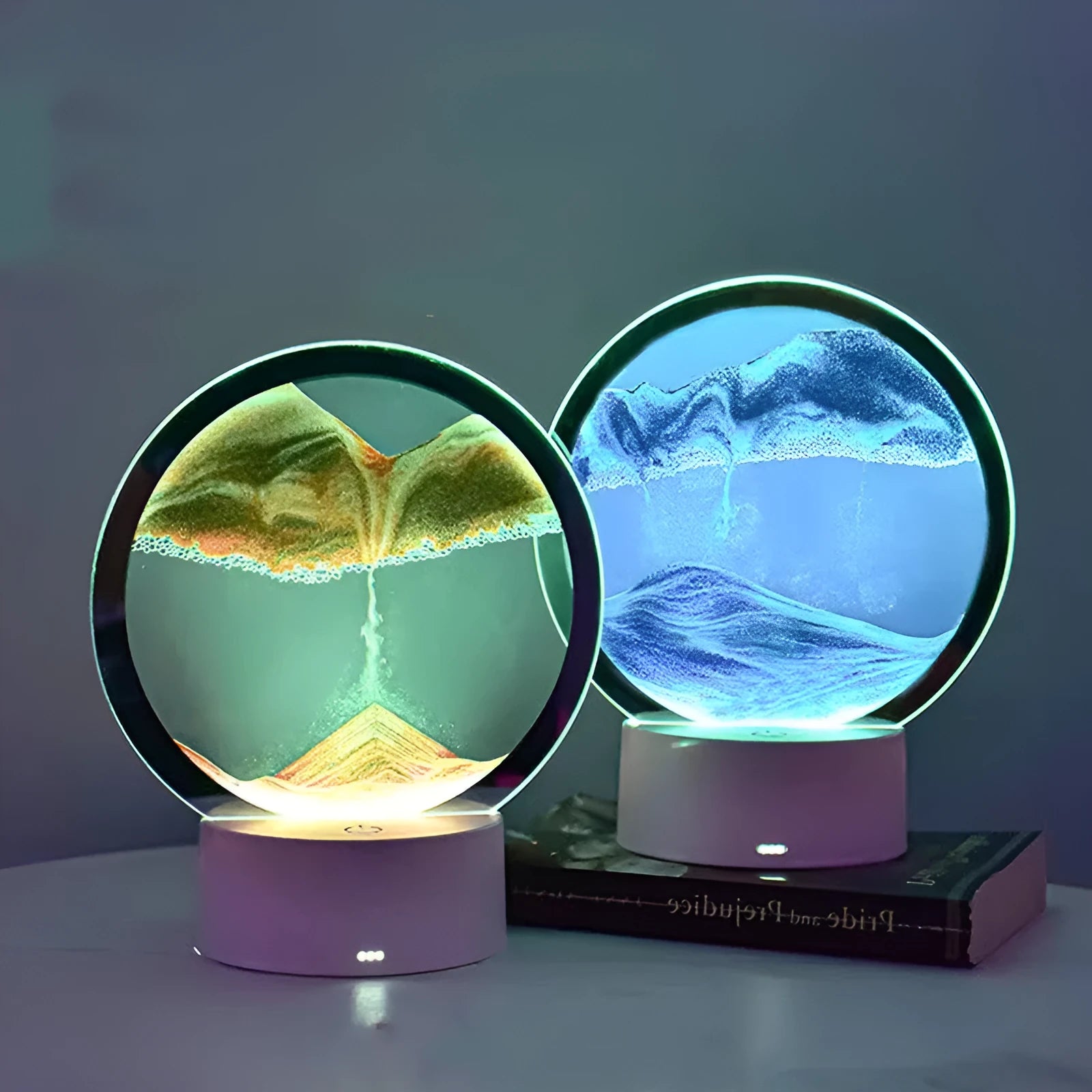 Creative 3D quicksand table lamp with glass shade on a table, showing touch control and USB cable.