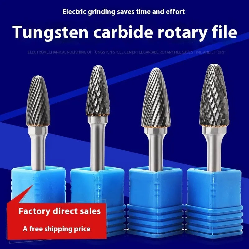 F-shaped tungsten steel rotary burr with alloy blade for grinding and engraving, single sink or double slot tooth shape