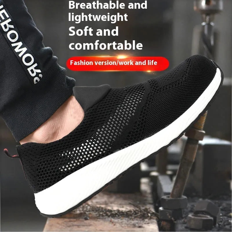 Men's black lightweight steel toe work shoes with mesh upper for industrial safety