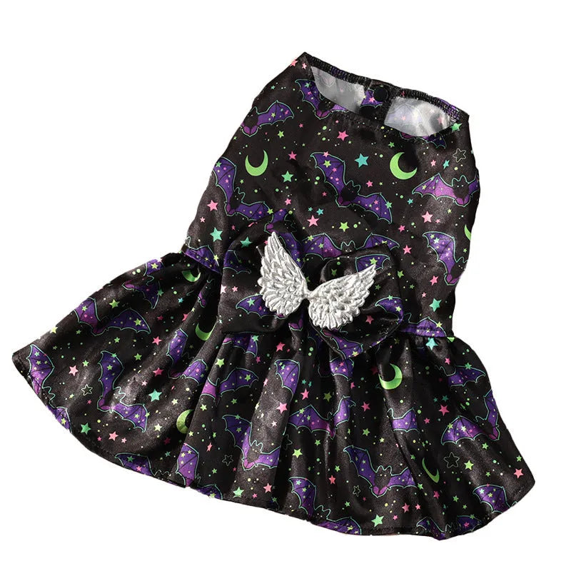 Halloween dog costume with angel wings in bright pumpkin design, showing front closure and wing extension