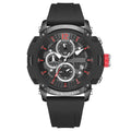 Men's digital quartz watch with a 51mm case, showing luminous display and calendar function, on a coloured band.