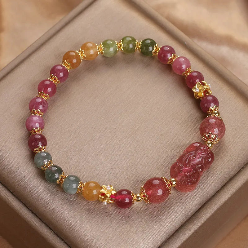 Candy colour tourmaline strawberry quartz Pi Xiu bracelet for women with 17cm length