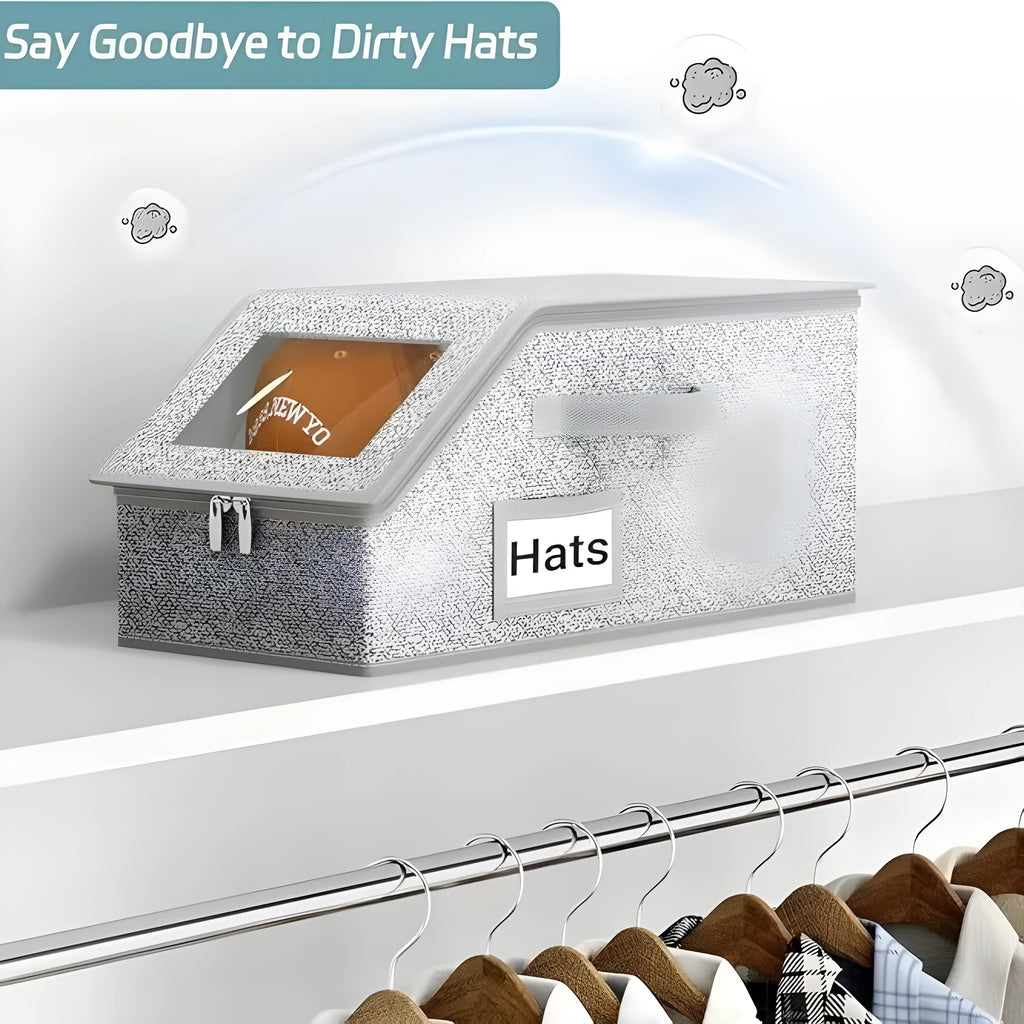 Grey foldable storage box for baseball caps and organisation measuring 42cm by 22cm by 17cm