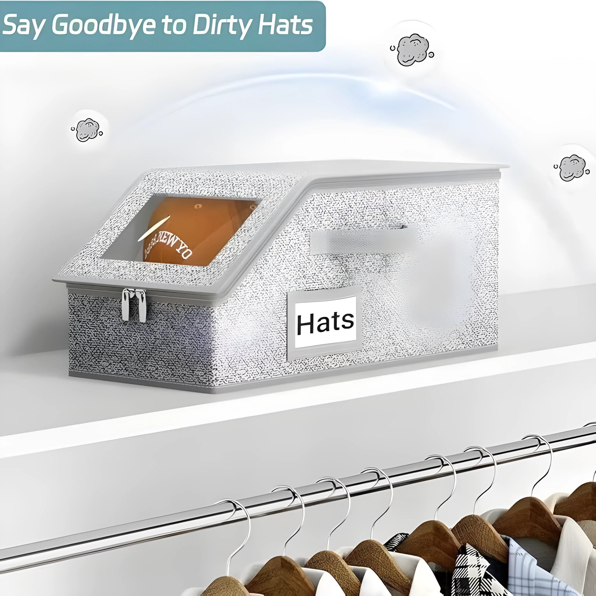 Grey foldable storage box for baseball caps and organisation measuring 42cm by 22cm by 17cm