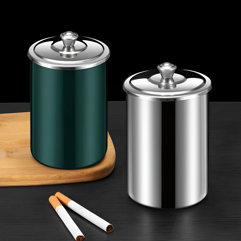 Stainless steel fly ash ashtray with cover, funnel and smoke button