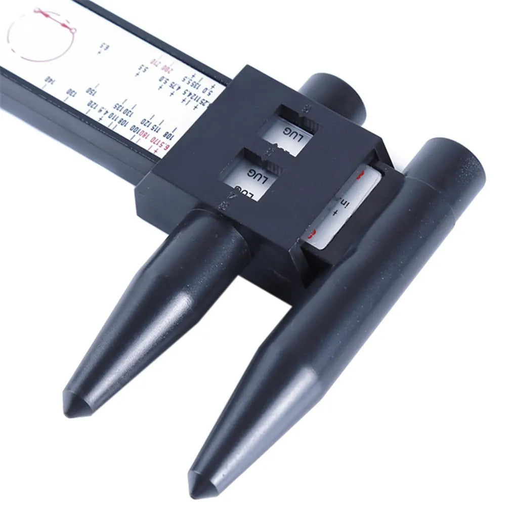 Electronic digital caliper hole distance measuring tool showing digital display with 180mm range for wheel hub measurements