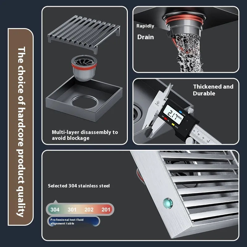 304 stainless steel courtyard deodorant floor drain with gun grey finish and 15x15 cm ABS plastic core