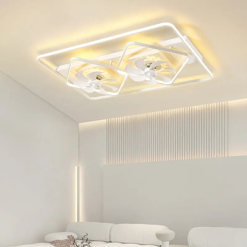 Thin suction ceiling fan lamp with 1100mm blades and acrylic shade mounted flush to white ceiling