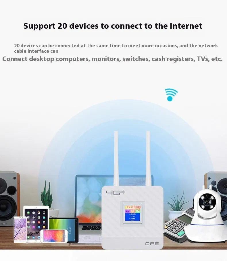Home office LTE router with two external antennas, USB cable, and power adapter for 4G network sharing