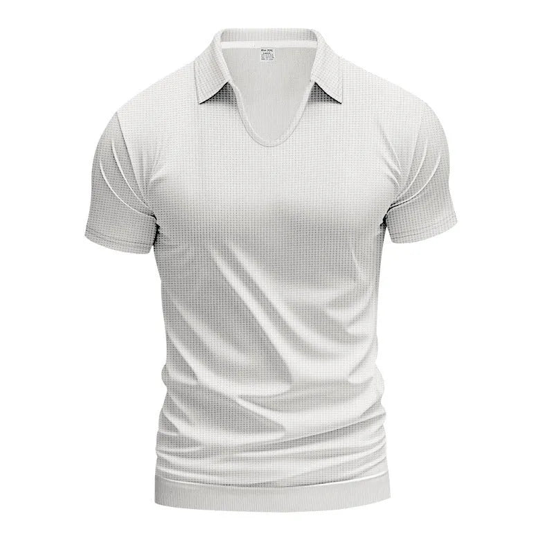 Men's V-neck short sleeve top in loose fit with solid colour options including Army Green and apricot
